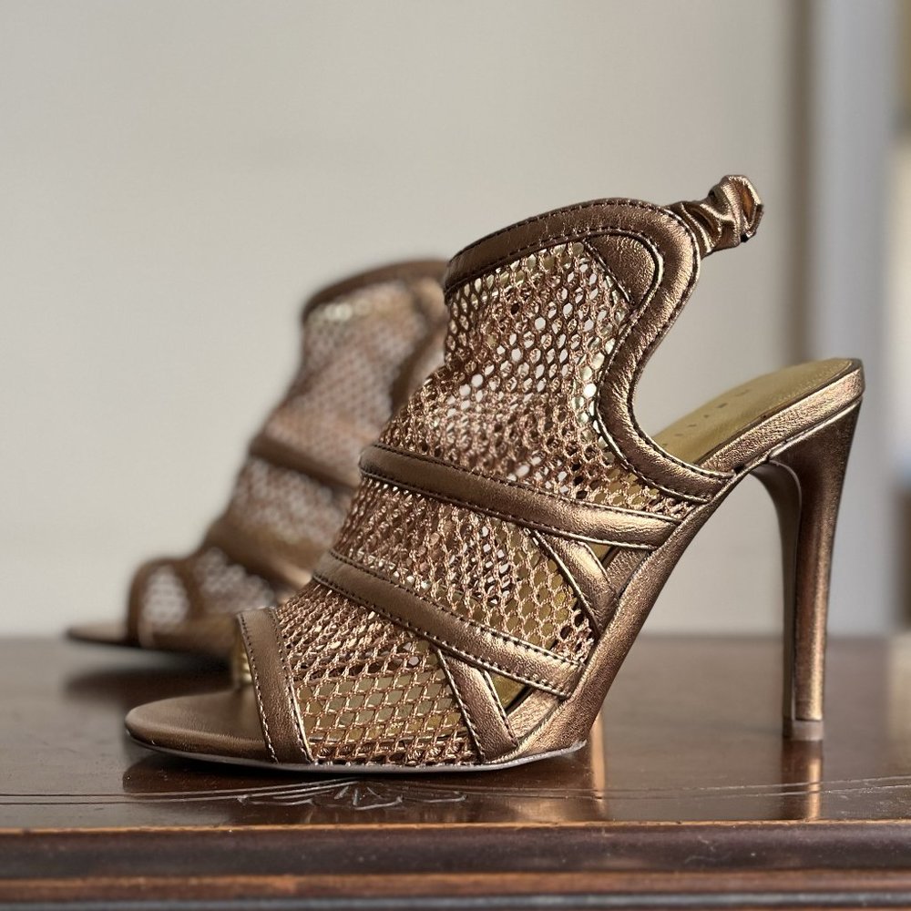 Bronze Leather Martinez Valero 4" Heel Sandals, Size 6/12